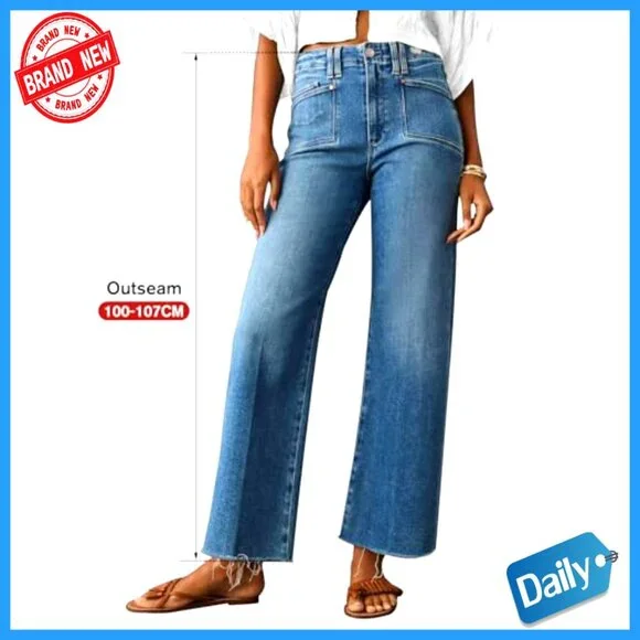 High Waist Wide Leg Stretch Jeans Straight Fit Five Pocket Denim Pants - Picture 2 of 6